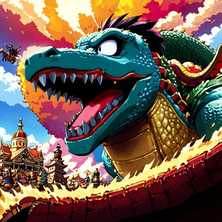 Shenron, dragonball z, retanime, Mike Deodato, midjourneyv6.1, nutcracker, hyper-detail, hyper-realism, cinematic, intricate detail, detailed background, masterpiece, best quality, high quality, highres, absurdres, very detailed, high resolution, sharp, sharp image, aesthetic, Score_9, score_8_up, score_7_up, score_6, source_anime, vibrant, colorful, retro_artstyle, 1990s_(style), a classic dragon with nutcracker coloring flying through the air