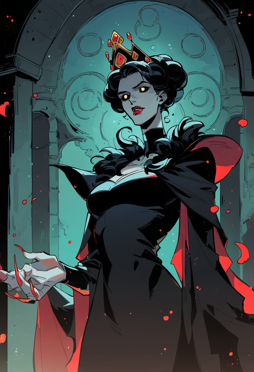 score_8_up, score_7_up, portrait of beautiful vampire queen girl standing in dark, black hair, no pupils, no sclera, red lips, ornate black dress, sharp fingernails, castle indoors, moonlight, particles, night, dark scene <lora:sxz-hades-pdxl:0.8>  hds style, cel shading, linear hatching,