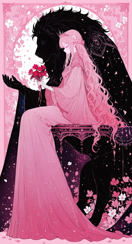 masterpiece, best quality, good quality, very awa, newest, highres, absurdres, 1girl, solo, long hair, long sleeves, dress, holding, closed mouth, very long hair, sitting, full body, closed eyes, pink hair, braid, flower, hair flower, wide sleeves, cape, from side, eyelashes, sparkle, petals, profile, colored skin, border, wavy hair, white flower, crown, tiara, red flower, pink dress, veil, pink flower, cloak, bouquet, long dress, outstretched hand, holding flower, floral background, falling petals, holding bouquet, pink theme, sleeves past elbows, black skin, starry sky print, lion, pink border, ornate border, glitter, limited palette, <lora:illustriousXL_stabilizer_v1.23:0.3> <lora:NOOB_vp1_detailer_by_volnovik_v1:0.3> <lora:ponyv6_noobE11_2_adamW-000017:0.3> <lora:114558v4df2fsdf5:0.6> <lora:XXX667:0.4> <lora:mon_monmon2133:0.5>