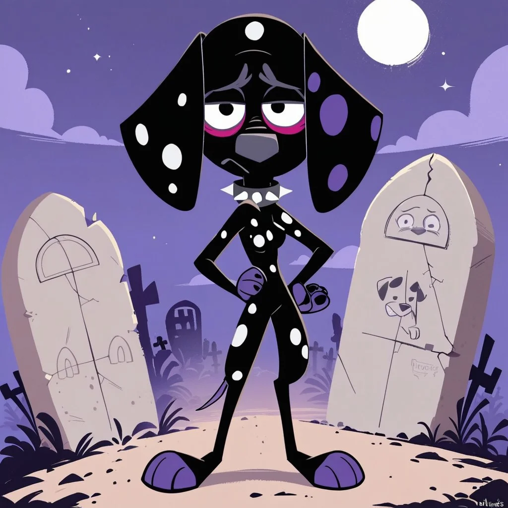 score_9, score_8_up, score_8, score_7, source_cartoon, Dante(101), solo, 1girl, anthro, female furry, dog, dog boy, dalmatian, black and white fur, white spots, purple spots, purple paws, gray nose, black eyes, pink bags under eyes, spiked collar, full body, looking at viewer, standing, small breasts, goth outfit, eyes half closed, peace sign, one hand on hip, graveyard background, night,