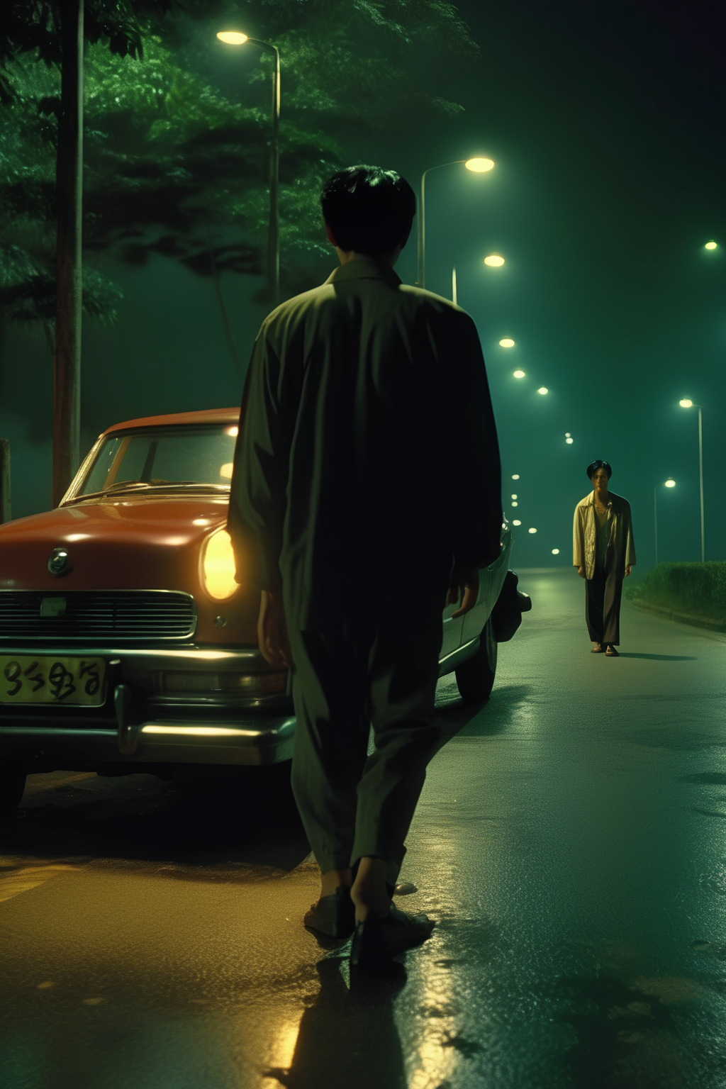 <lora:Director Park Chan-wook style:1>Director Park Chan-wook style - The summer night wind was blowing on his face, the director was walkingthe sea, lit a cigarette and then turned to look at the car with the head lights still on, the light from the car is so bright and towards the director, film look, wong karwai film feeling, park chan wook film feeling, film aspect ratio is 2.39:1