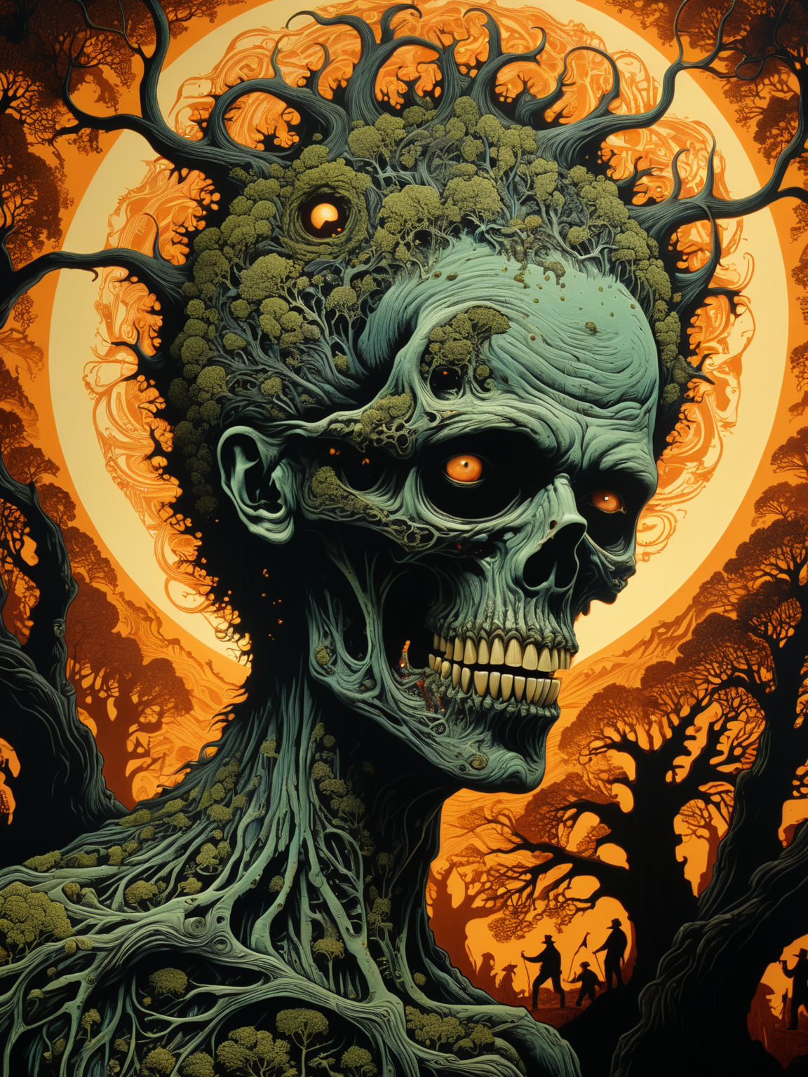 (Ultra high quality, Ultra realistic, intricate, Ultra high resolution), (Splendid Fractal Lino Printing art), (Amazing close view of a Dreamweaver Zombie), (Telepathically commanding an army of animals in A secret hideout with covert activities), (Superb lighting), (High quality, Highly detailed, Sharp focus, 8K UHD, masterpiece) <lora:xl_more_art-full_v1:1>