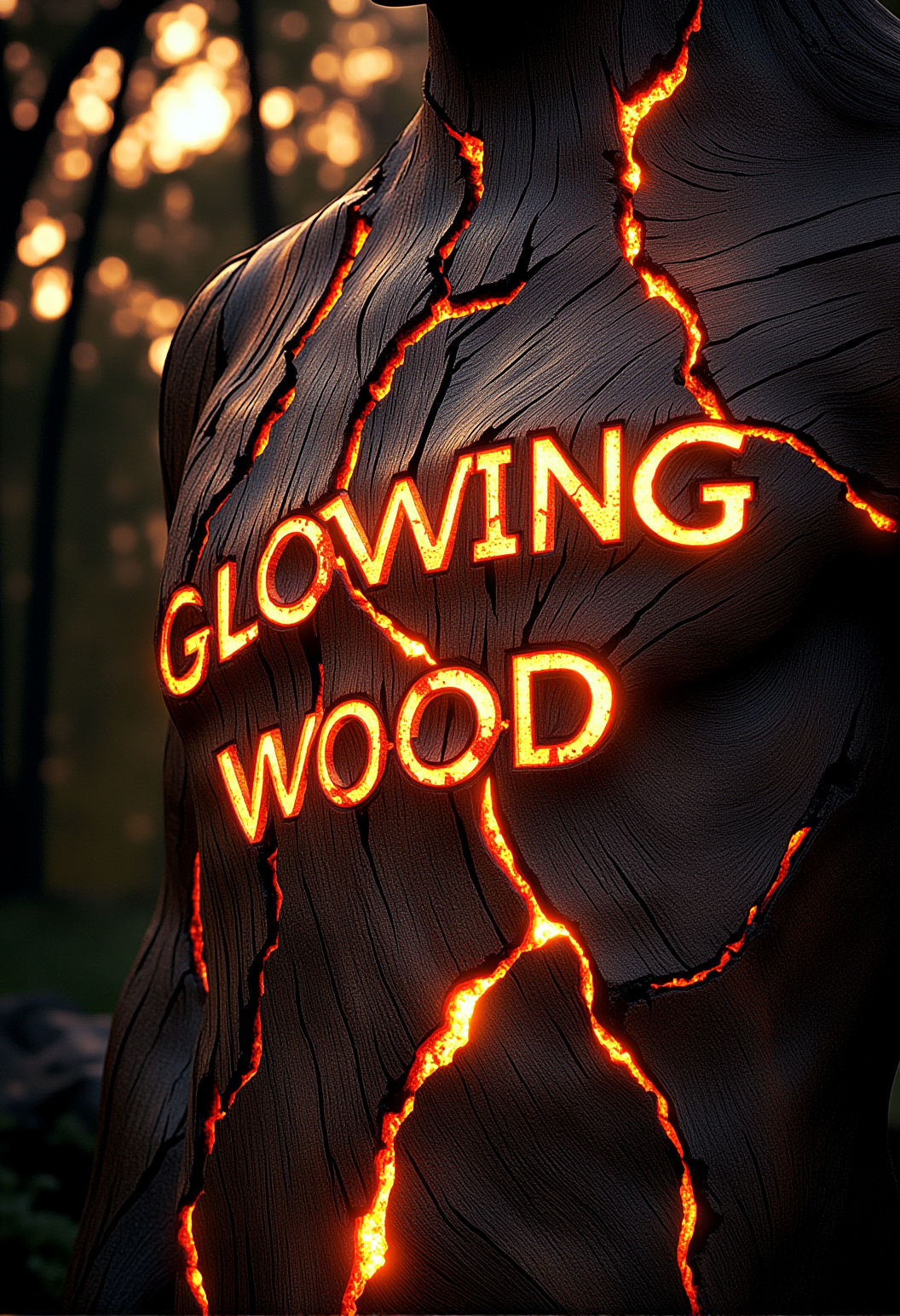 A cinematic scene featuring (the words "Glowing Wood" carved into a large:1.5), ancient wooden surface. The wood is cracked and glowing with faint ember-like veins, as if the letters themselves are gently burning from within. Around the text, the wooden surface has subtle glowing patches, with embers softly flickering. The scene is illuminated by a warm, cinematic light, casting soft shadows around the glowing text. In the background, a glowing forest can be faintly seen, its trees also flickering with ember-like light, completing the mystical atmosphere. Epic cinematic lighting, glowing wood textures, subtle embers, warm backlit glow, high contrast, soft fog, volumetric lighting, ultra-realistic details, high dynamic range, intricate wood textures, cinematic shadows. , <lora:bv-glowing-wood-v1.safetensors:1.0:1.0>