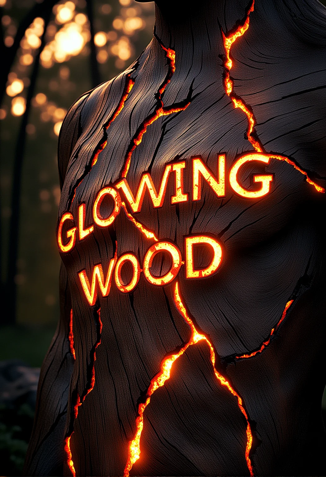 A cinematic scene featuring (the words "Glowing Wood" carved into a large:1.5), ancient wooden surface. The wood is cracked and glowing with faint ember-like veins, as if the letters themselves are gently burning from within. Around the text, the wooden surface has subtle glowing patches, with embers softly flickering. The scene is illuminated by a warm, cinematic light, casting soft shadows around the glowing text. In the background, a glowing forest can be faintly seen, its trees also flickering with ember-like light, completing the mystical atmosphere. Epic cinematic lighting, glowing wood textures, subtle embers, warm backlit glow, high contrast, soft fog, volumetric lighting, ultra-realistic details, high dynamic range, intricate wood textures, cinematic shadows. , <lora:bv-glowing-wood-v1.safetensors:1.0:1.0>