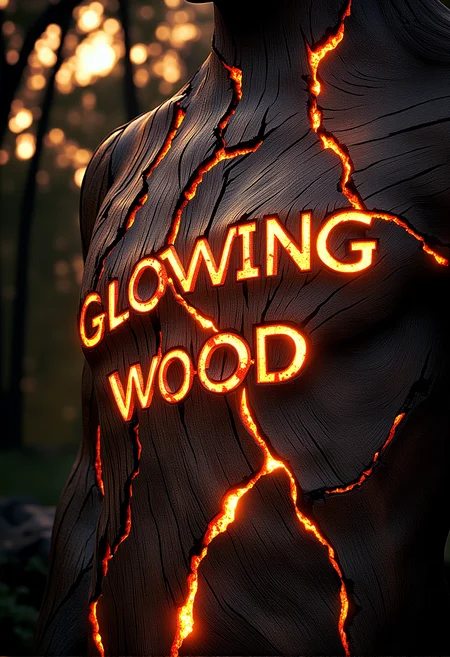A cinematic scene featuring (the words "Glowing Wood" carved into a large:1.5), ancient wooden surface. The wood is cracked and glowing with faint ember-like veins, as if the letters themselves are gently burning from within. Around the text, the wooden surface has subtle glowing patches, with embers softly flickering. The scene is illuminated by a warm, cinematic light, casting soft shadows around the glowing text. In the background, a glowing forest can be faintly seen, its trees also flickering with ember-like light, completing the mystical atmosphere. Epic cinematic lighting, glowing wood textures, subtle embers, warm backlit glow, high contrast, soft fog, volumetric lighting, ultra-realistic details, high dynamic range, intricate wood textures, cinematic shadows. , <lora:bv-glowing-wood-v1.safetensors:1.0:1.0>