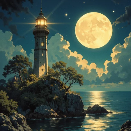 A captivating night scene illustration featuring an ancient wizard's tower standing tall on a rocky island. The tall tower, adorned with multiple windows, emits a warm glow, highlighting its intricate architecture and rich history. The rocky island is covered in lush green trees, reflecting on the calm, moonlit sea waters that mirror the silvery moonlight. The full moon graces the sky, casting an ethereal glow on the clouds and sea, while wispy clouds partially obscure its brilliance, adding to the scene's mystique. Twinkling stars dot the sky, creating a celestial tapestry that harmonizes with the moon's radiance. This enchanting artwork captures a serene and peaceful night, where the illuminated lighthouse stands resolute amidst the celestial beauty, creating a cinematic experience.
