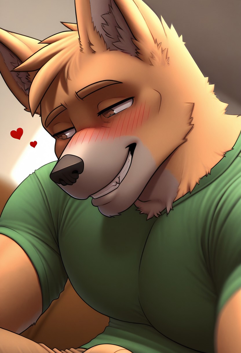 <lora:CaneStN:1>, Cane_(Flicklock), spitzen dog, tan fur, brown eyes, perfecteyes, furry male, furry, 1boy, solo, muscular, athletic build, large pectorals, beautiful amazing quality, hyper-detailed, highres, depth of field, very aesthetic, vibrant colors, high sharpness, cell shaded, photorealism, photorealistic, dynamic angle, cinematic lighting, detailed background, green shirt, short sleeves, brown pants, ((face focus)), close up, portrait, grin, fang, heart symbol, bulge, lidded eyes, blushing