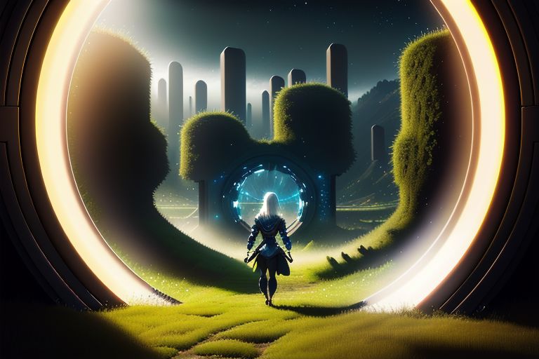 (masterpiece, best quality), (1girl in front:1.2), walking through a portal, (scifi city street from window:1.2), scifi armor, white hair, long ponytail, glowing portal, grass, moss, open door, light rays, trees, night sky, dark shadows, dark background, uhd, photo, realistic