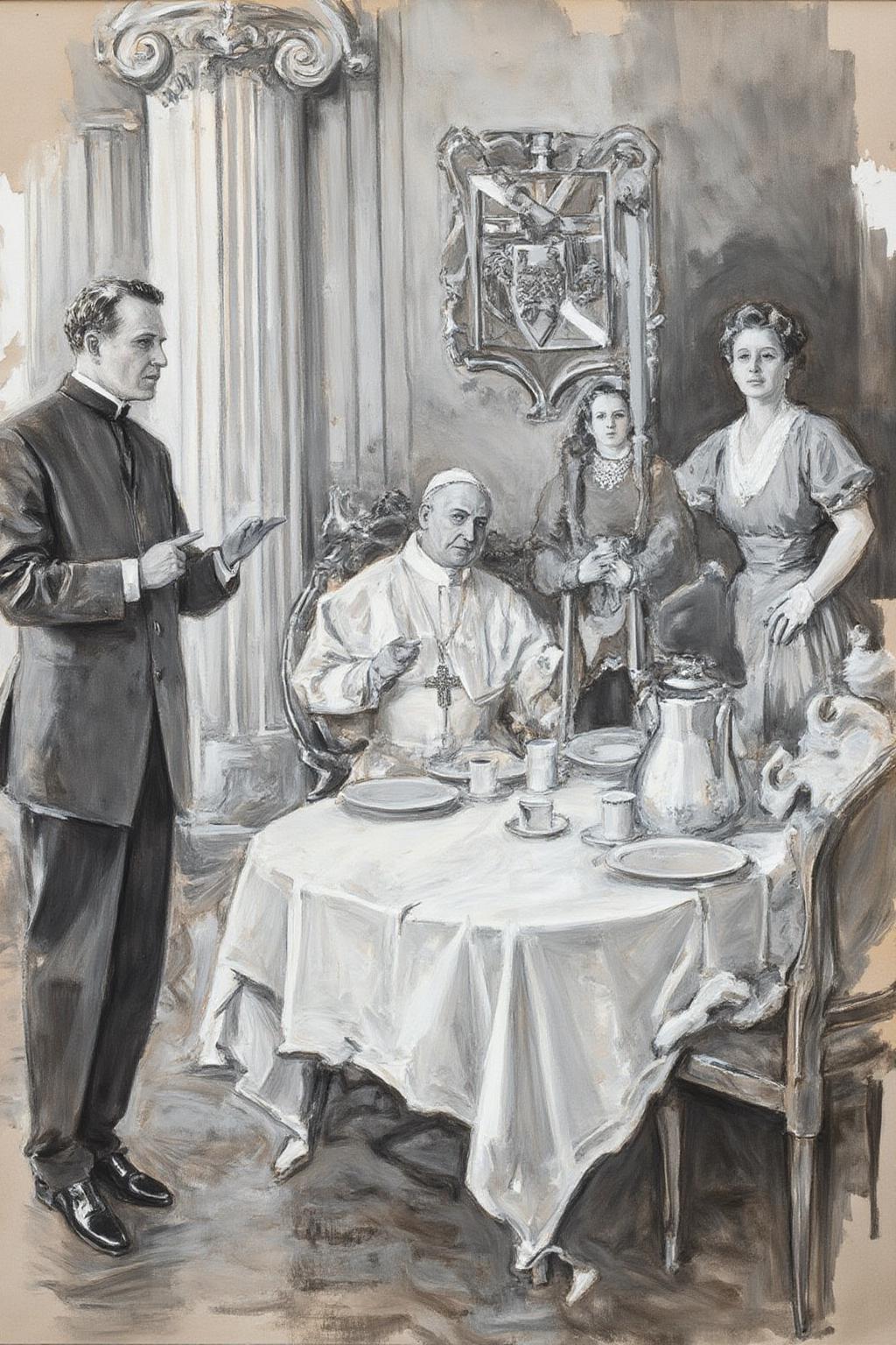 howardchandlerchristy1 illustration.
johncollier1. Two men and a woman stand around a table, with a seated Pope in the center. There are plates, cups, and a jug on the table. The man on the left gestures while speaking. The room features ornate columns and a coat of arms.  <lora:howardchandlerchristy1_d8a4e11:1.0><lora:865847004280929061:0>