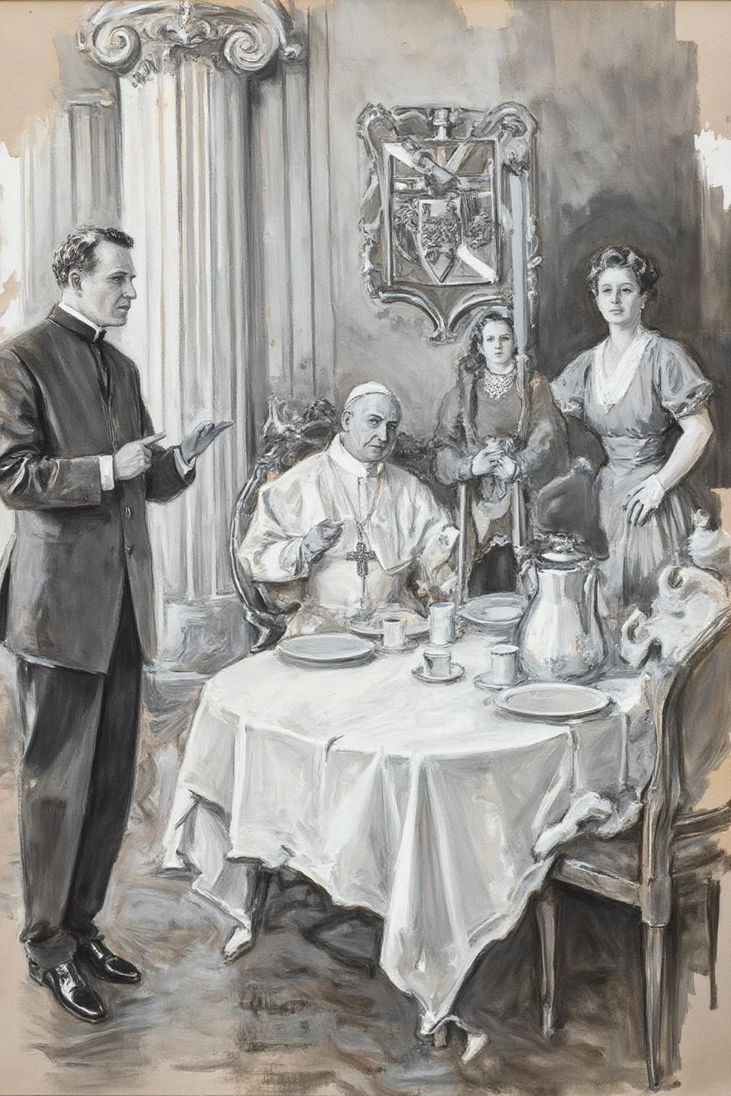 howardchandlerchristy1 illustration.
johncollier1. Two men and a woman stand around a table, with a seated Pope in the center. There are plates, cups, and a jug on the table. The man on the left gestures while speaking. The room features ornate columns and a coat of arms. <lora:howardchandlerchristy1_d8a4e11:1.0><lora:865847004280929061:0>