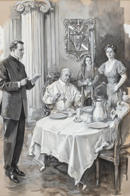 howardchandlerchristy1 illustration.
johncollier1. Two men and a woman stand around a table, with a seated Pope in the center. There are plates, cups, and a jug on the table. The man on the left gestures while speaking. The room features ornate columns and a coat of arms. <lora:howardchandlerchristy1_d8a4e11:1.0><lora:865847004280929061:0>
