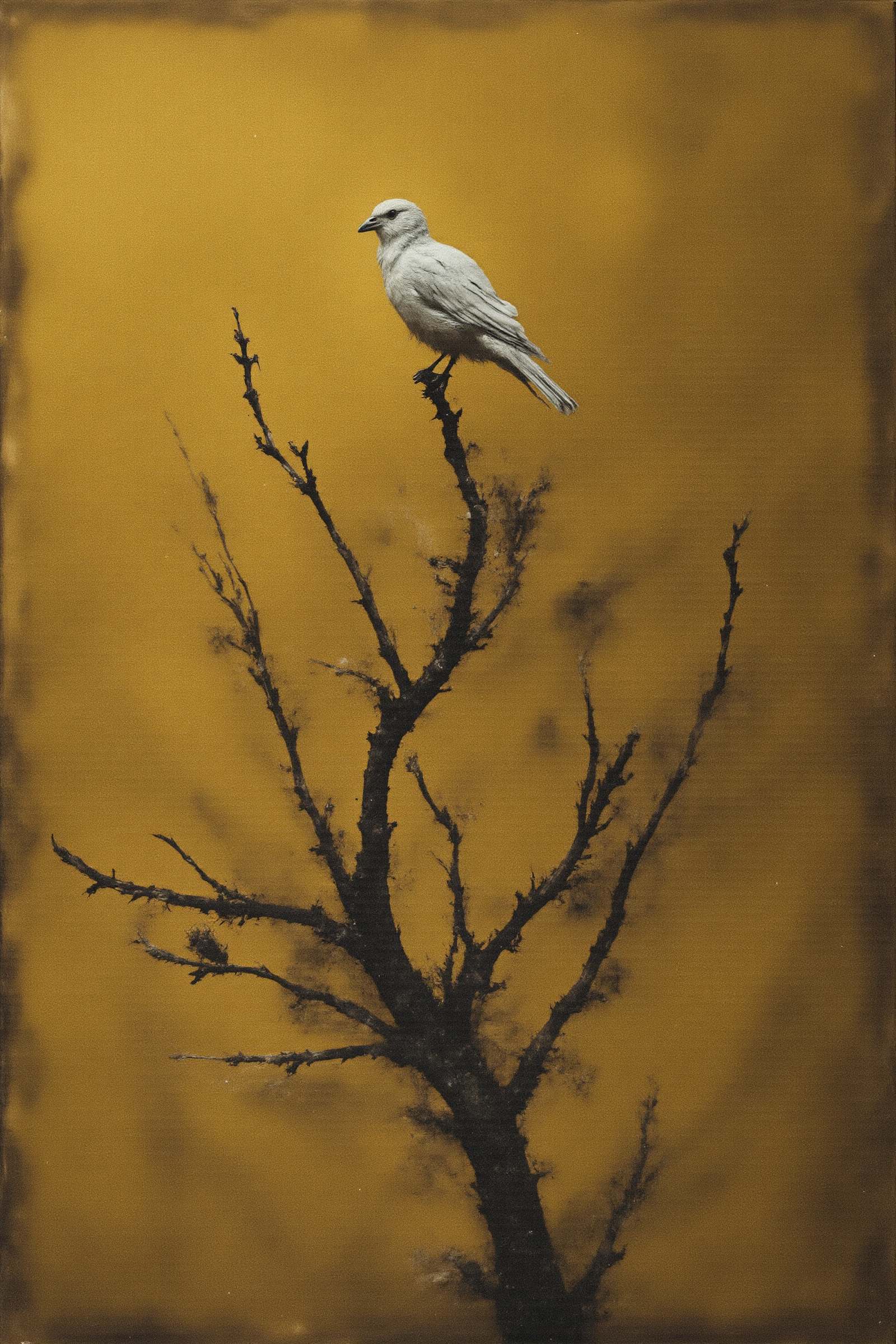 A single, white origami bird perched on a branch of a leafless, golden tree. Surreal and minimalist.
Dark Art