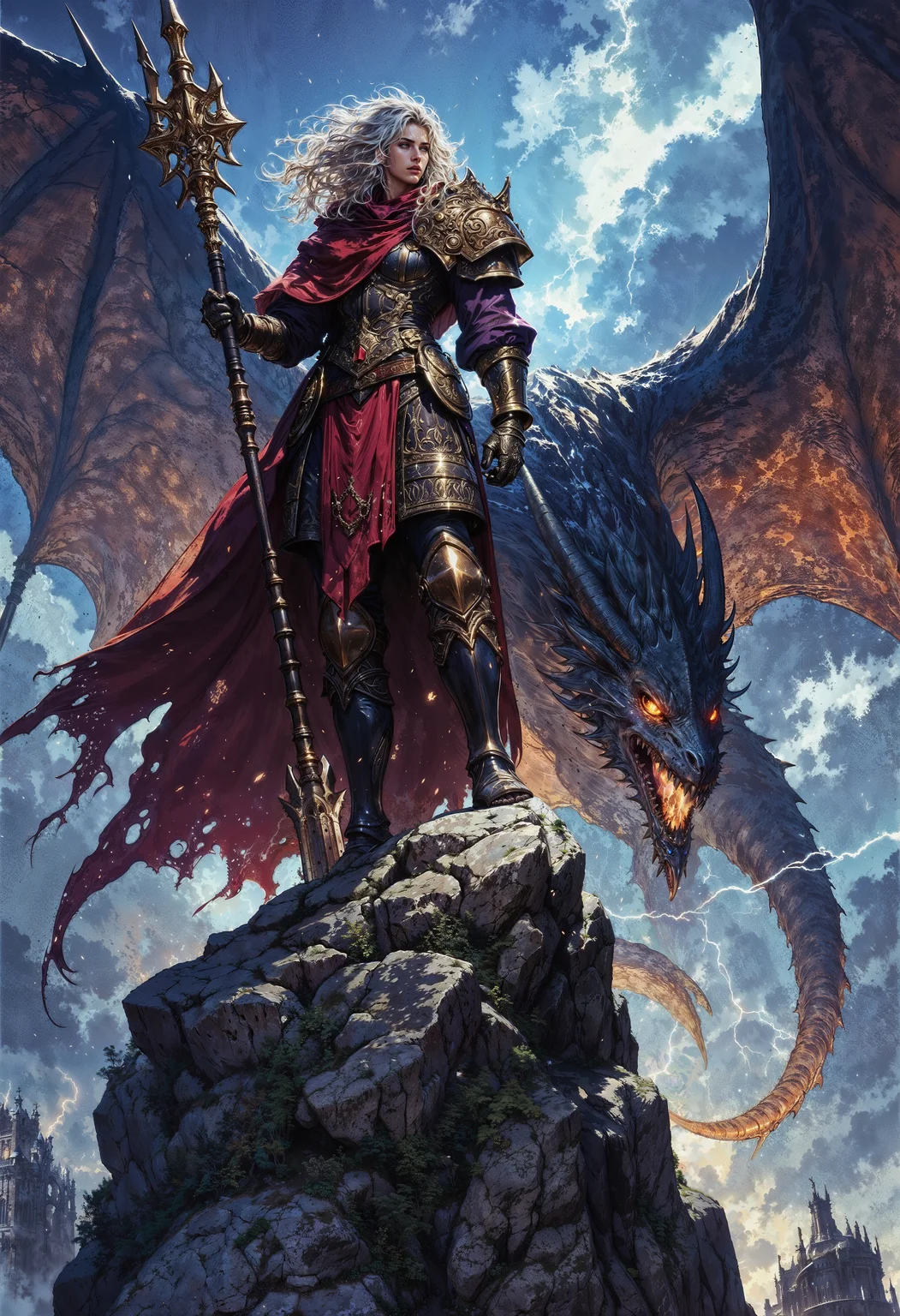 A fierce warrior from the storm-wracked highlands, Kaida Stormclaw stands atop a jagged cliff, the winds whipping through her dark crimson battle cloak. Her armored form is adorned with dragon-scale pauldrons, glinting with a fiery sheen under the stormy sky. Golden runes glow along her gauntlets, resonating with the power of the dragon she has sworn to protect. At her side, a massive wyvern with molten amber eyes snarls, smoke curling from its nostrils. Kaida wields a twin-bladed spear crackling with electric energy, ready to strike at any foe who dares challenge her. The backdrop is a tempestuous sky, lit with flashes of lightning as she prepares for battle. Epic fantasy, ultra-realistic, cinematic storm lighting, dynamic composition.
<lora:RetroAnimeFluxV1:0.5> <lora:FluxMythG0thicL1nes:0.6> <lora:Elden_Ring_-_Yoshitaka_Amano:0.6>
