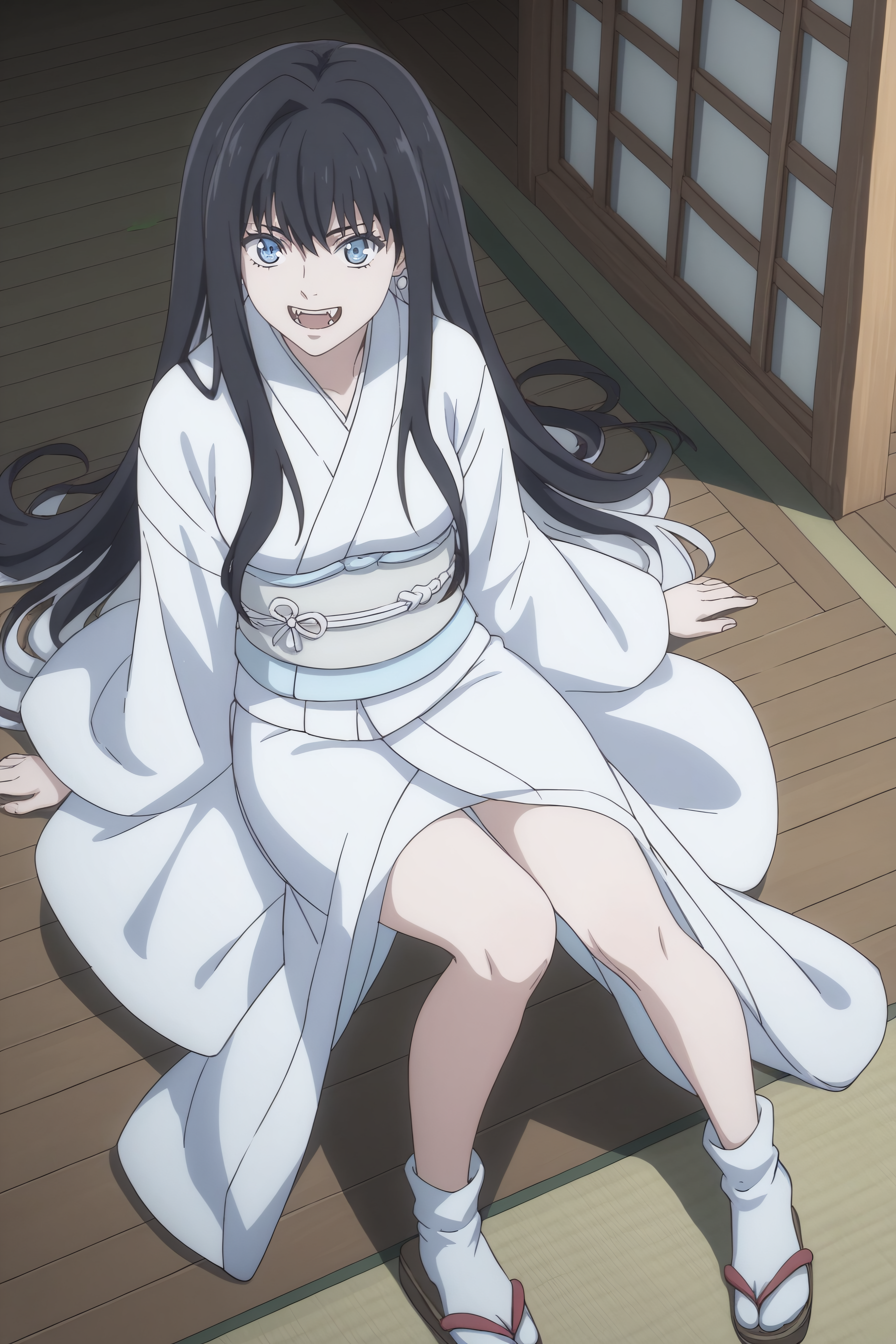 score_9, score_8_up, score_7_up, BREAK, source_anime, <lora:Yuki Onna-PonyXL-lora-Faxtron:0.8> yuki onna, light blue eyes, black hair, multicolored hair, long hair, medium breasts, fangs, japanese clothes, white kimono, sash, obi, white socks, sandals,