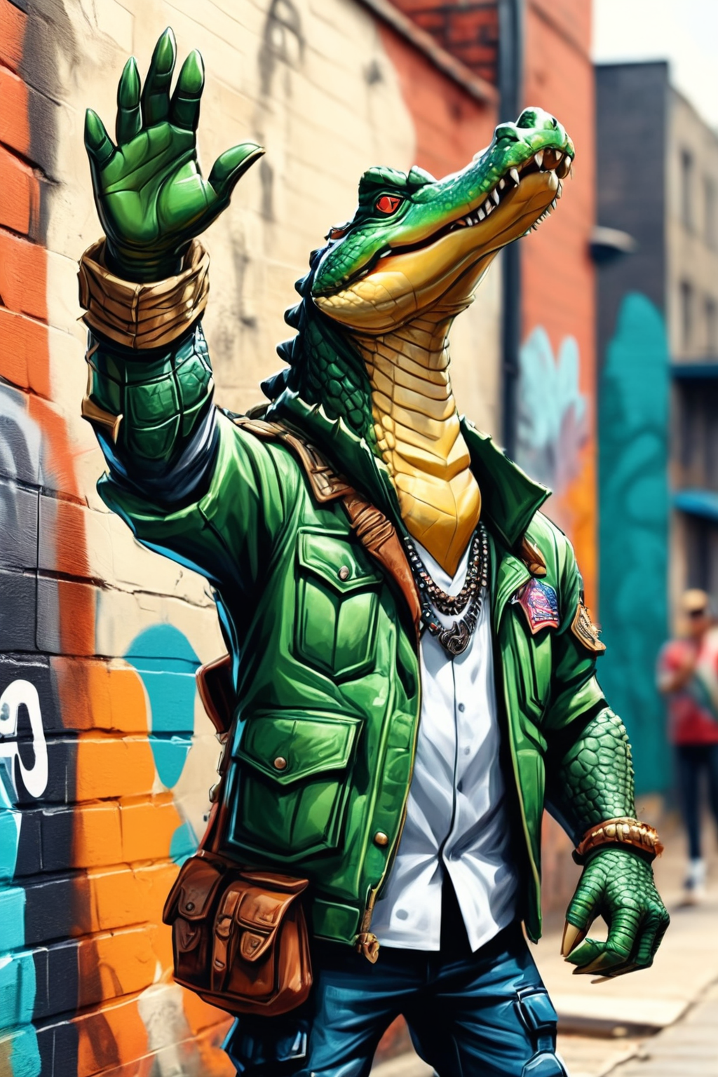 Detailed digital illustration of an anthro Alligator (Saluting with hand, a respectful gesture) at a Augmented reality street art on urban walls, <lora:xl_more_art-full_v1:0.5>,  <lora:anthro_muscular:0.7>,  <lora:MJ52:0.6>, <lora:madpunk:0.4> madpunk
