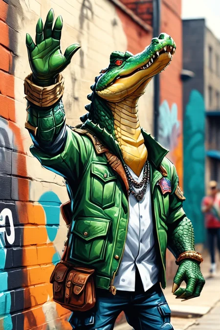 Detailed digital illustration of an anthro Alligator (Saluting with hand, a respectful gesture) at a Augmented reality street art on urban walls, <lora:xl_more_art-full_v1:0.5>,  <lora:anthro_muscular:0.7>,  <lora:MJ52:0.6>, <lora:madpunk:0.4> madpunk