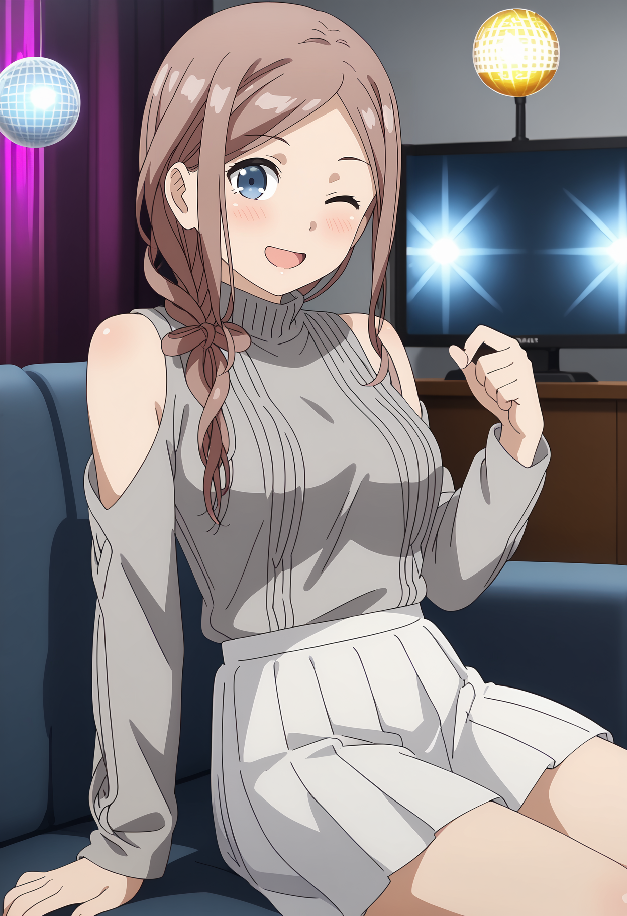 anime screencap,
<lora:OneRoom_OrisakiSayaXL:0.9>,
1girl, solo, open mouth, blush, smile, one eye closed,
long hair, light brown hair, parted bangs, hair over shoulder, single braid, blue eyes,
SayaSweater, ribbed sweater, turtleneck, shoulder cutout, grey sweater, pleated skirt, white skirt,
cowboy shot, sitting, looking at viewer,
dark, karoke, stage lights, disco ball, couch, television, music, table, indoors, blurry background