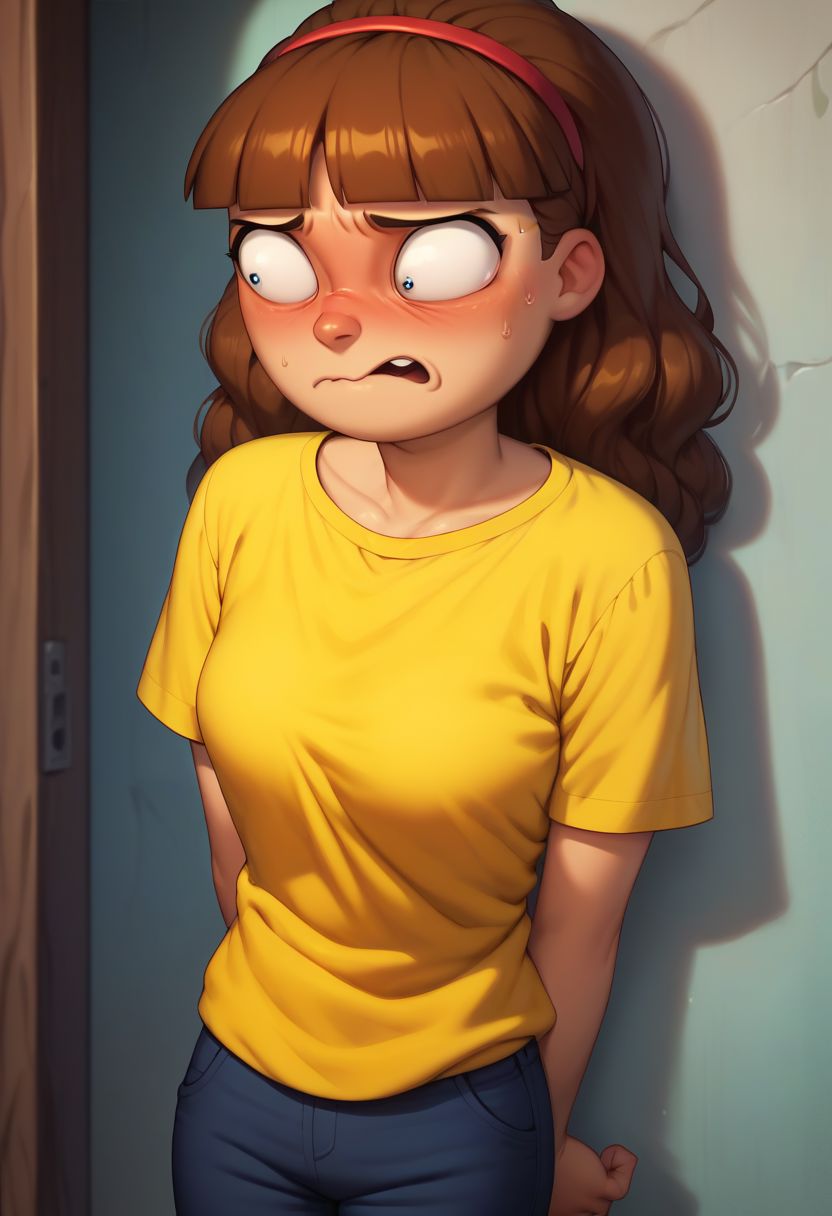 score_9, score_8_up, score_7_up, score_6_up, score_5_up, score_4_up, 1girl, morticiasmith, brown hair, hairband, yellow shirt, blue pants, undressing, half dressed, embarrassed,