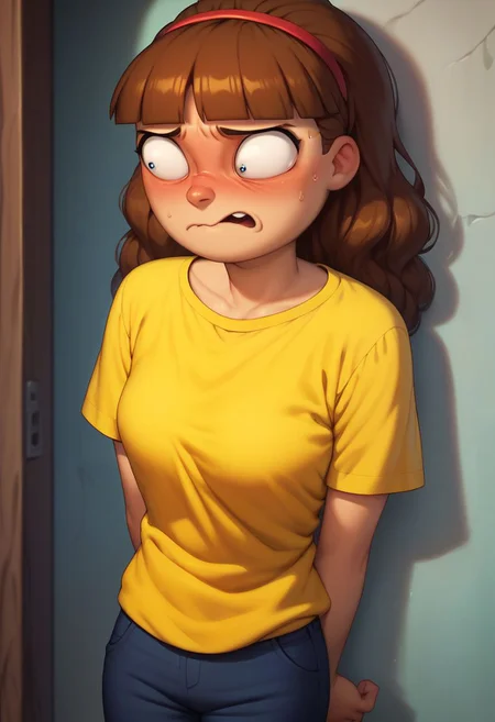 score_9, score_8_up, score_7_up, score_6_up, score_5_up, score_4_up, 1girl, morticiasmith, brown hair, hairband, yellow shirt, blue pants, undressing, half dressed, embarrassed,