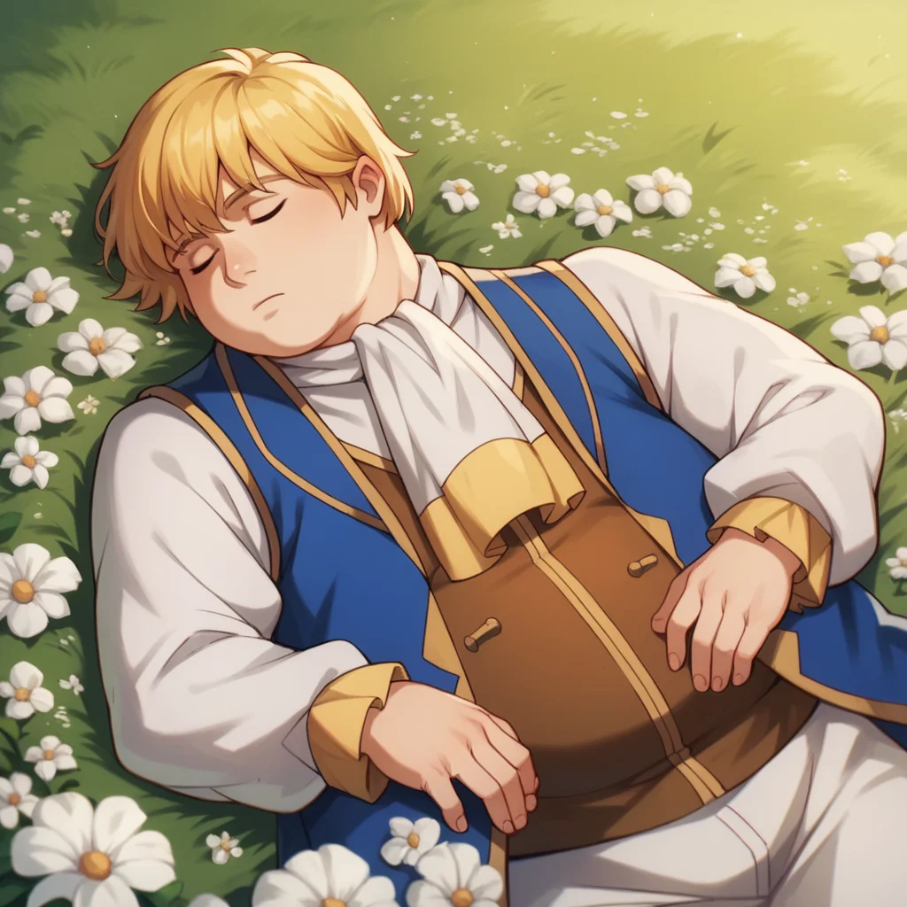 score_9,score_8_up,score_7_up,score_6_up, sleeping in a white field surrounded by white flowers, <lora:zanac-v4:1> zanac valleon,blonde hair,fat,male focus,vest,ascot, puffy long sleeves, lying