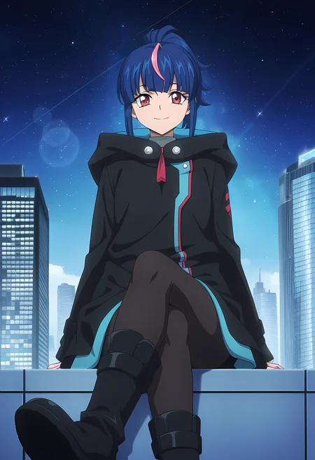 masterpiece,best quality,amazing quality,
1girl, solo,
Hikari Myodo (Cardfight Vanguard), ponytail, multicolored hair, blue hair, streaked hair, pink hair, red eyes,
coat, black hood down, long sleeves, pantyhose, black footwear, boots,
Smile, looking at viewer,
cinematic, cross legs, upper body,
Outdoors, On top skyscraper, sci-fi city, star (sky),
Lens flare, bloom,
Official style, anime screencap, anime coloring,