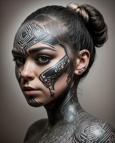 Drive arising photo portrait of the fully dark tattooed face of a tattooed woman as a cybepunk <lora:DarTataBodG-XL_V2:1.0>
