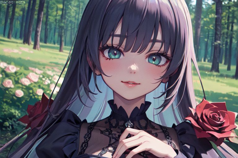 (masterpiece:1.4), 4K8K, (anime style), (high shutterspeed:1.4), (sharp edges), 
SyFyEye1, 
1woman  hands togather,  leaning foward, face focus, smile, closed mouth, 
wearing Celtic style dress, (Detailed face, Detailed eyes, Detailed lips), 
any colored roses, Fantastic Forest in the background,