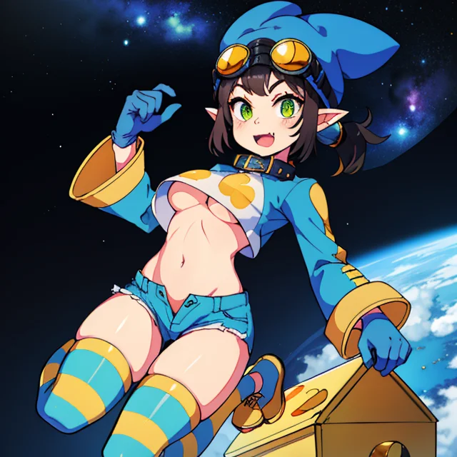 Thief,((black hair)), pointy ears,navel, black ponytail, underboob,slit pupils,green eyes,fang ,
,
ThiVS,blue animal hat,blue striped thighhighs,goggles on head, crop top, blue shorts ,blue gloves, blue paw shoes, blue long sleeves ,(blue attire),
outer space, gold treasure chests, stars, milky way, gold coins,
(insanely detailed, beautiful detailed face, masterpiece, best quality) <lora:Thief:0.7>