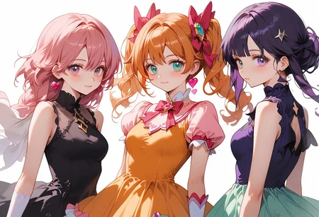 score_9, score_8_up, score_7_up,
source_anime, deep colors,
high quality, high resolution, detailed, highres, highly detailed, intricate details, beautiful eyes,
BREAK
multiple girl, (magical girls:1.3), (magical girl:1.3), 3 girls, 3girls,
Genshin Impact Style,
(magical girl outfit:1.2), (intricate decorated magical girl dress:1.1), lace, ribbon, stitching, ornament, steampunk dress, Chinese dress, ballerina dress, evening dress,
red hair, pink hair, orange hair, yellow hair, green hair, cyan hair, blue hair, purple hair, violet hair, black hair,
red dress, pink dress, orange dress, yellow dress, green dress, cyan dress, blue dress, purple dress, violet dress, black dress,