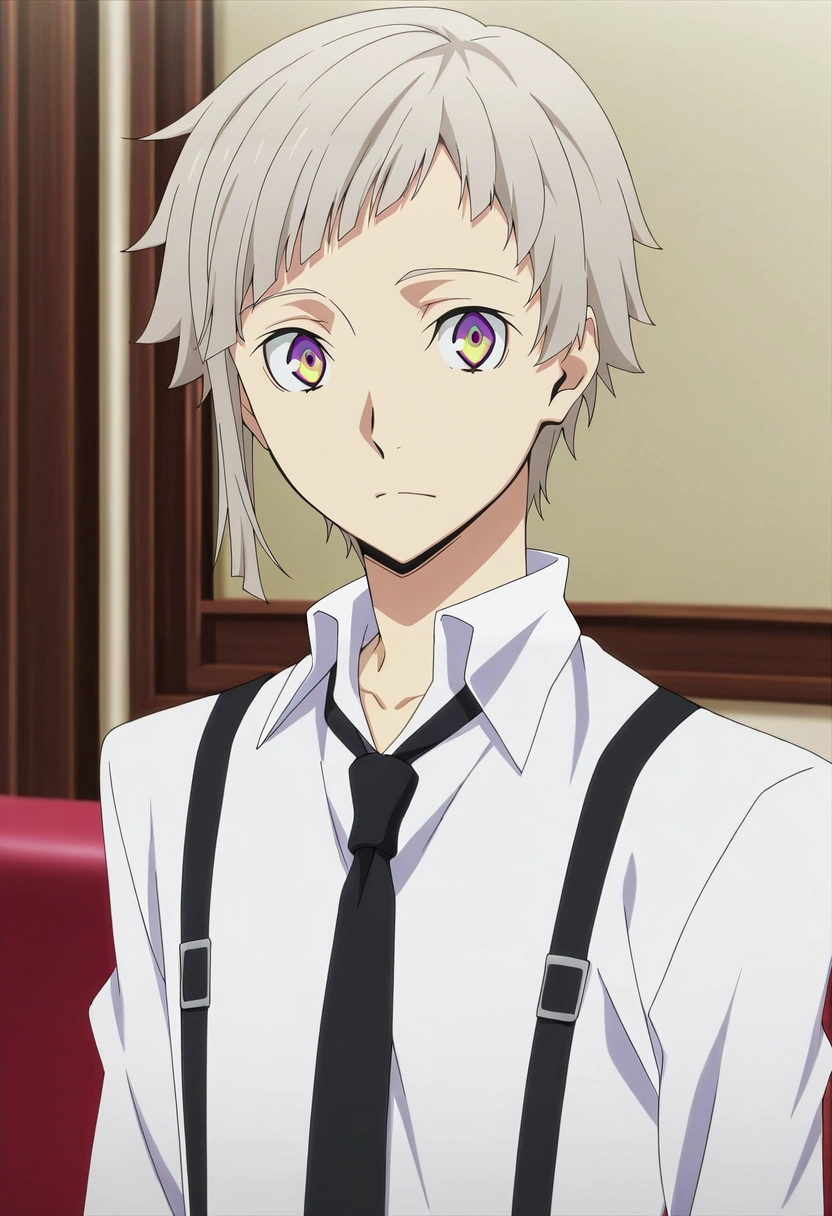 masterpiece, best quality, , anime screencap, anime coloring, ,, 1boy, solo, male focus, <lora:atsushi_nakajima_ilxl:0.96>, atsushi_nakajima, grey hair, yellow eyes, multicolored eyes, purple eyes, short hair, white shirt, collared shirt, suspenders, black necktie,