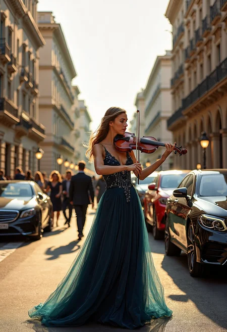 a highly detailed and professional photo featuring a a young woman in an elegant, flowing evening gown, standing in the middle of Via Montenapoleone in Milan during Fashion Week. Her dress is a stunning, floor-length piece in a rich, deep shade, perhaps midnight blue or burgundy, with intricate lace and beadwork catching the light. The gown moves gracefully around her as she plays an antique Stradivari violin, her fingers gliding over the strings with precision and elegance. Her expression is intense and focused, fully absorbed in her music, radiating a sense of dedication and passion.
Around her, the busy street is filled with the buzz of Fashion Weekâcrowds of well-dressed tourists, photographers, and fashion enthusiasts with cameras, eagerly capturing the cityâs luxury and style. High-end boutiques line the street on both sides, their polished glass windows displaying designer handbags, dresses, and jewelry. Luxury cars, including sleek black sedans and brightly colored sports cars, are parked along the sides of the road, adding to the opulence of the scene.
The lighting is golden and warm, with the late afternoon sun casting a soft glow over the street, illuminating the woman and her violin in a spotlight-like effect that enhances her elegance. The violin itself shows signs of age and history, its wood a warm, time-worn color that contrasts with the modern, bustling backdrop of Milanâs fashion district. The strings of the instrument vibrate visibly, hinting at the beautiful, soulful music filling the air.
This juxtaposition of old and new, elegance and energy, adds a timeless, almost magical quality to the imageâan iconic moment where art and culture blend effortlessly with the stylish, contemporary world of Fashion Week in Milan.