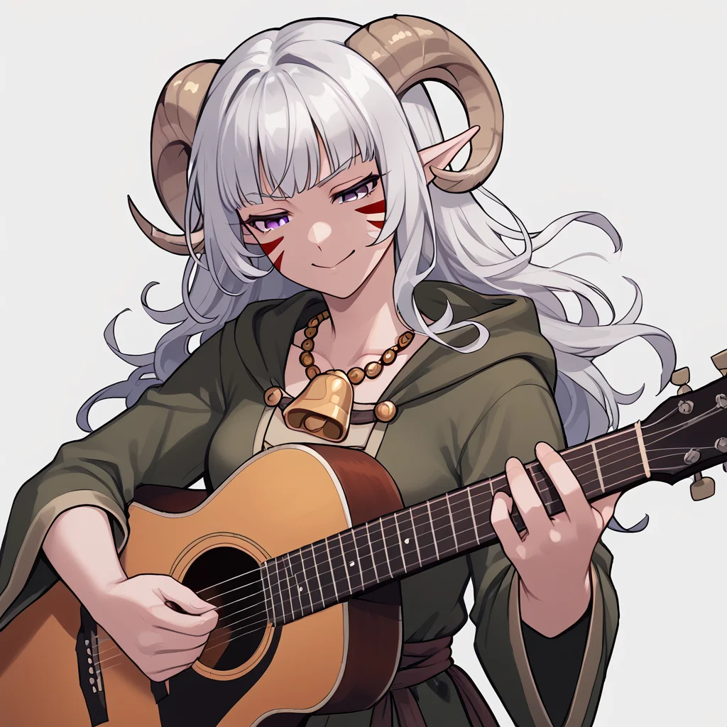 <lora:whisker_markings:0.8> red_whisker_markings:1.4, face paint,source_furry, score_7_up, rating_safe, cowboy shot, gold necklace, tiefing, short pointed ears, horns, (a pair of brown sheep Horns that begin at her temples and curve back: 1.5), bangs,long silver hair long wavy hair, pale skin, pointy ears, purple eyes:1.2, <lora:age_slider_v4:0.6> medium breasts, skinny female, close up, silver hair <lora:Tieflingnew weird fantasyDND:0.3> Tiefling, pointed ears, horns, from above, angry, half-closed eyes:1.5, smile mouth:1.2,<lora:Smooth Style 2 SDXL_LoRA_Pony Diffusion V6 XL:0.5> shepherd's crook, bell, robe, hood off, <lora:Nanoless_Artist_Style_PonyXL:0.3> , <lora:playing_guitar:1> acoustic_guitar, playing_instrument,