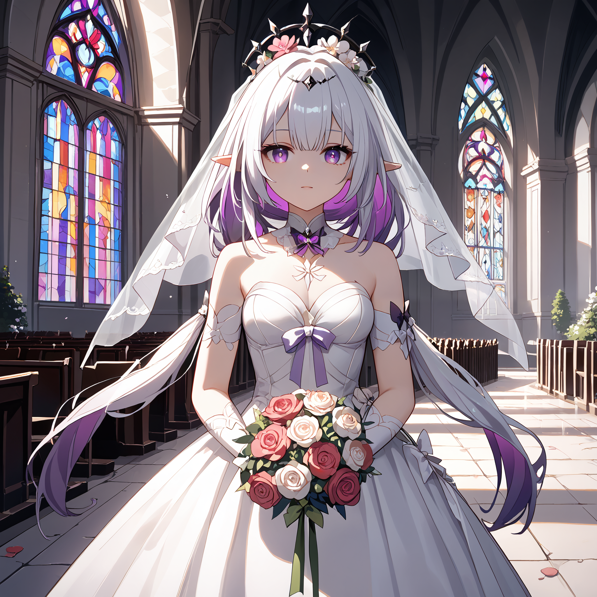score_9, score_8_up, score_7_up, score_6_up, BREAK source_anime, look at viewer, 1girl, solo, masterpiece, best quality, high detailed skin,  castorice_(honkai:_star_rail), purple eyes, white hair, colored inner hair, low twintails, pointy ears,  wedding dress, holding bouquet, white dress, white gloves, bridal veil, church, white bow,