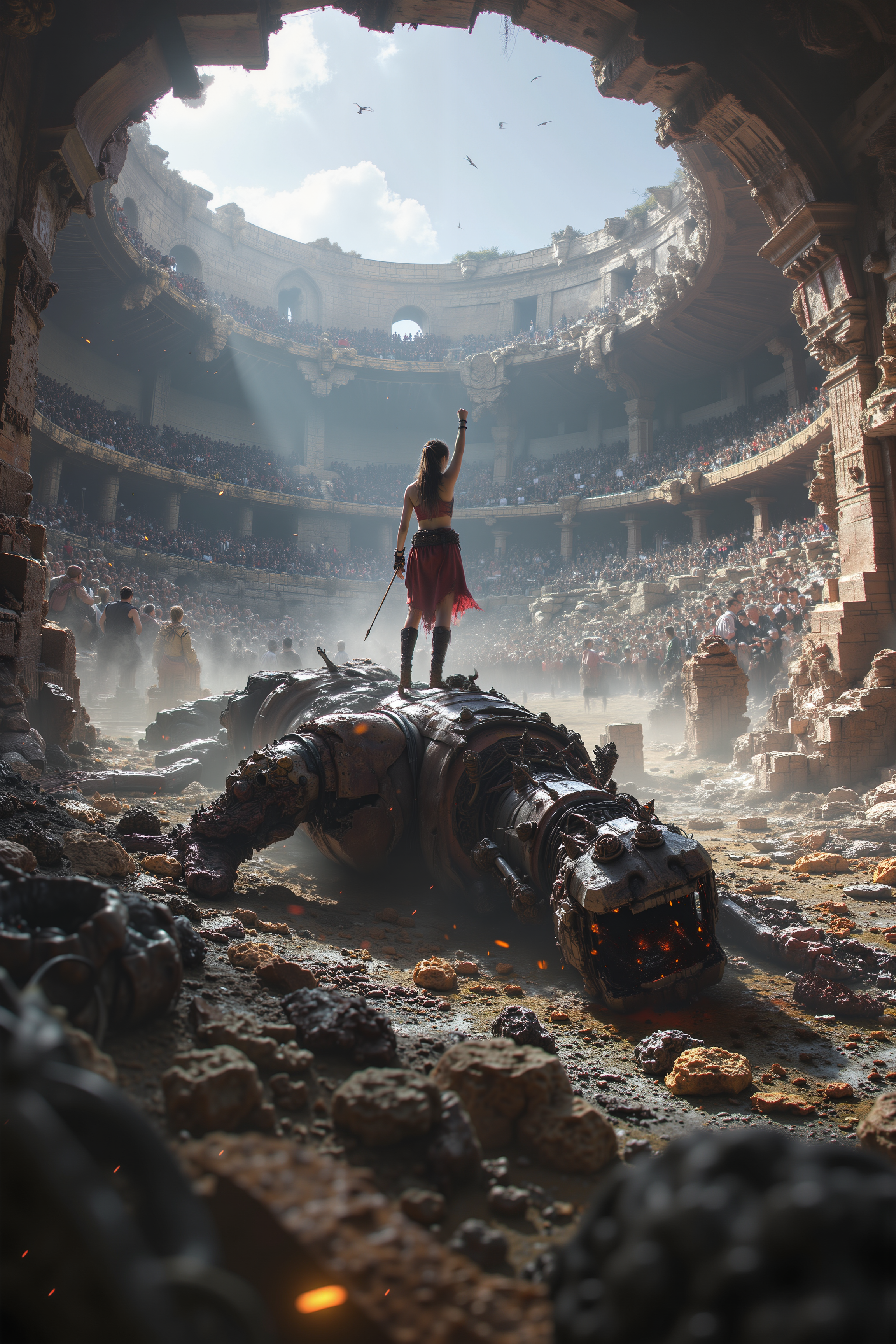 At the center of a vast, crumbling amphitheater, an arena champion stands victorious over a defeated, robotic beast, her chest heaving as the crowd roars above her. Her armor, battered and scorched, gleams faintly in the harsh sunlight as she raises her spear toward the sky. Behind her, the massive, mechanical carcass of her opponent lies in pieces, sparks still flying from its shattered core. The championâs gaze sweeps over the crowd, a mix of triumph and exhaustion in her eyes, while the ancient, stone walls of the arena crack and shift, as though the structure itself is awakening. The scene is filled with the energy of a grand, gladiatorial battle, blending the futuristic intensity of The Hunger Games with the mythic, brutal grandeur of Gladiator.<lora:black_fantasy_1.0>