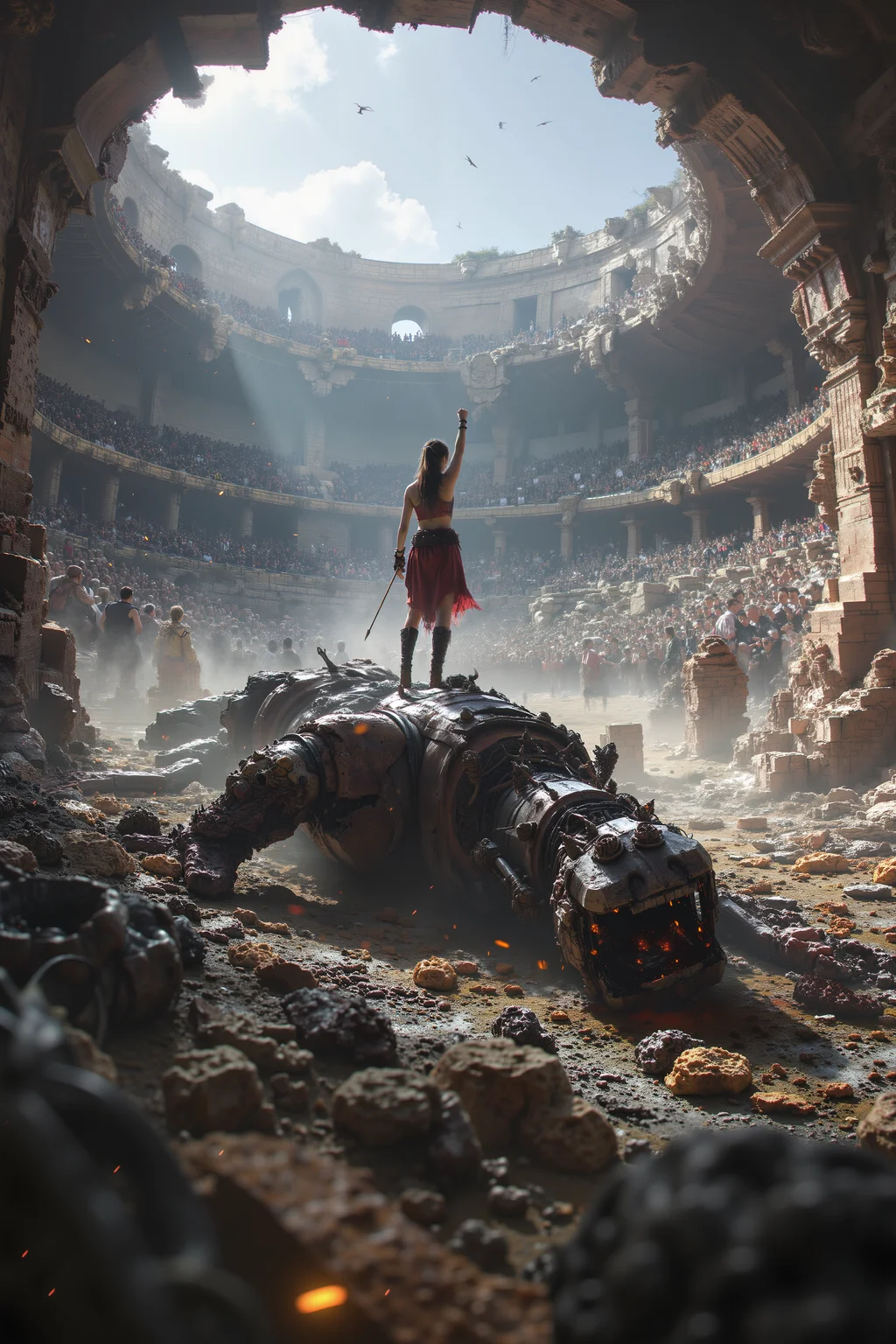 At the center of a vast, crumbling amphitheater, an arena champion stands victorious over a defeated, robotic beast, her chest heaving as the crowd roars above her. Her armor, battered and scorched, gleams faintly in the harsh sunlight as she raises her spear toward the sky. Behind her, the massive, mechanical carcass of her opponent lies in pieces, sparks still flying from its shattered core. The champion’s gaze sweeps over the crowd, a mix of triumph and exhaustion in her eyes, while the ancient, stone walls of the arena crack and shift, as though the structure itself is awakening. The scene is filled with the energy of a grand, gladiatorial battle, blending the futuristic intensity of The Hunger Games with the mythic, brutal grandeur of Gladiator.<lora:black_fantasy_1.0>