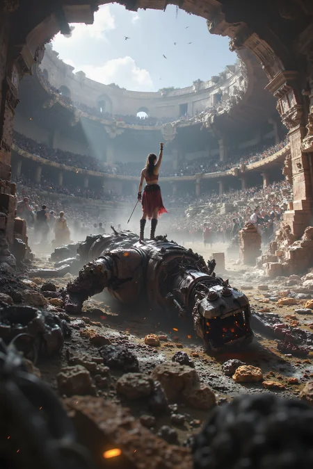 At the center of a vast, crumbling amphitheater, an arena champion stands victorious over a defeated, robotic beast, her chest heaving as the crowd roars above her. Her armor, battered and scorched, gleams faintly in the harsh sunlight as she raises her spear toward the sky. Behind her, the massive, mechanical carcass of her opponent lies in pieces, sparks still flying from its shattered core. The championâs gaze sweeps over the crowd, a mix of triumph and exhaustion in her eyes, while the ancient, stone walls of the arena crack and shift, as though the structure itself is awakening. The scene is filled with the energy of a grand, gladiatorial battle, blending the futuristic intensity of The Hunger Games with the mythic, brutal grandeur of Gladiator.<lora:black_fantasy_1.0>