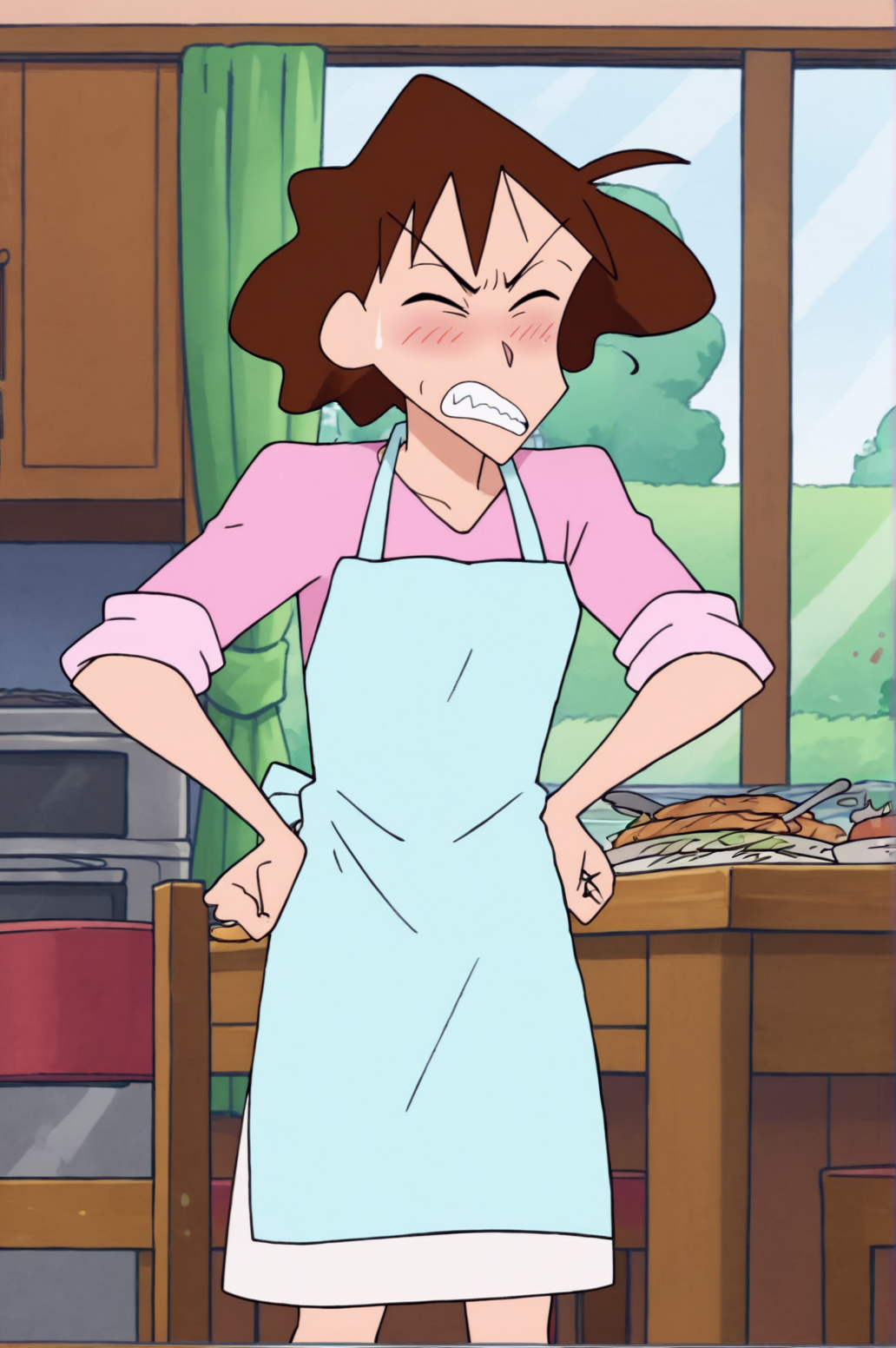 score_9, score_8_up, score_7_up,anime_source, source_anime, best background, detailed background, anime screencap,  Misae Nohara, apron, blue apron, clenched teeth, closed eyes, hand on own hip, indoors, kitchen, pink shirt, shirt, sleeves rolled up, teeth, window, indoors, blush <lora:JN_Misae_Nohara:0.8>