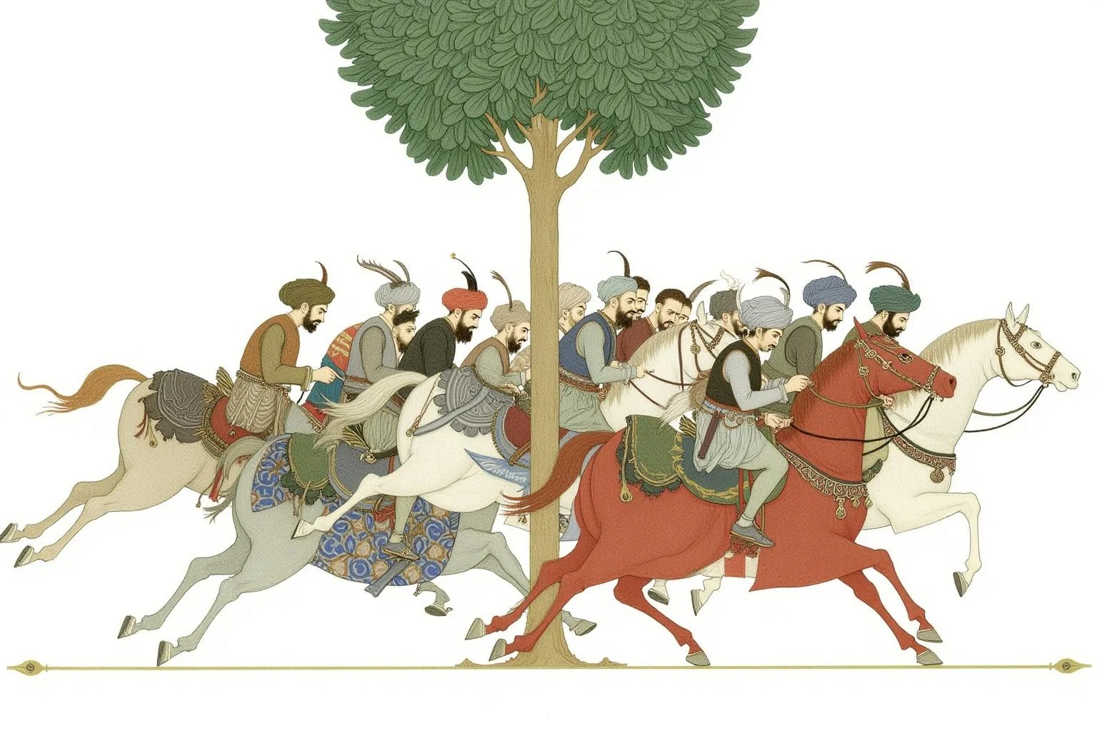 olgadugina1 illustration.
A large group of warriors on horseback. They wear traditional Ottoman turbans and robes. The horses have decorative saddles and bridles. A large tree is in the center of a plain background. <lora:olgadugina2_cap_d6a3e9:1.0><lora:858117698456963681:0>
