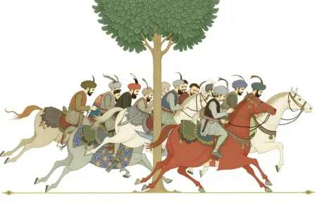 olgadugina1 illustration.
A large group of warriors on horseback. They wear traditional Ottoman turbans and robes. The horses have decorative saddles and bridles. A large tree is in the center of a plain background. <lora:olgadugina2_cap_d6a3e9:1.0><lora:858117698456963681:0>