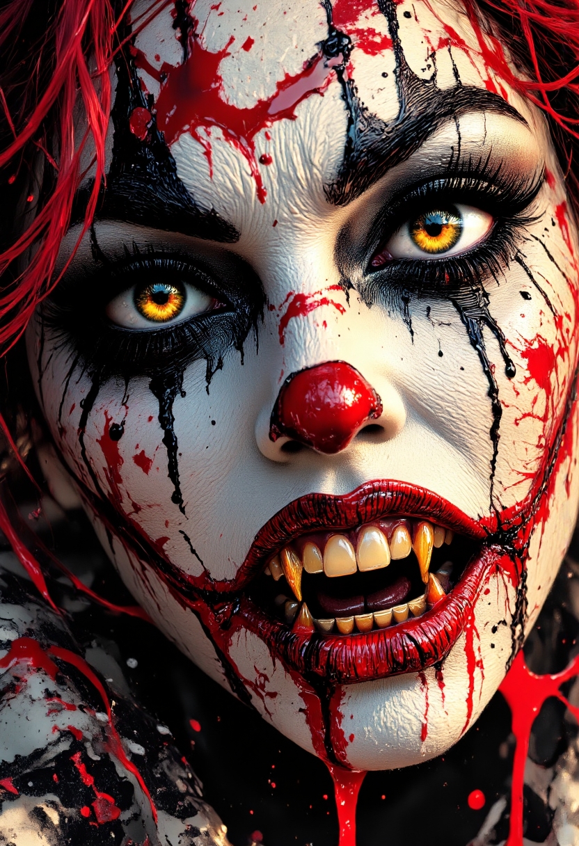 Highly Detailed sinister creepy female clown face with red blood splatter art and black ink splatters, a red nose, golden teeth, yellow eyes, black eyeliner, with black and red hair, illustration, trending on Artstation, aidmaimageupgrader, aidmamj6.1, aidmaHiDreamStyle <lora:aidmaImageUprader-FLUX-v0.3:0.4> <lora:aidmaMJ6.1-FLUX-v0.5:0.7> <lora:aidmaHiDreamStyle-FLUX-v0.1:0.8>