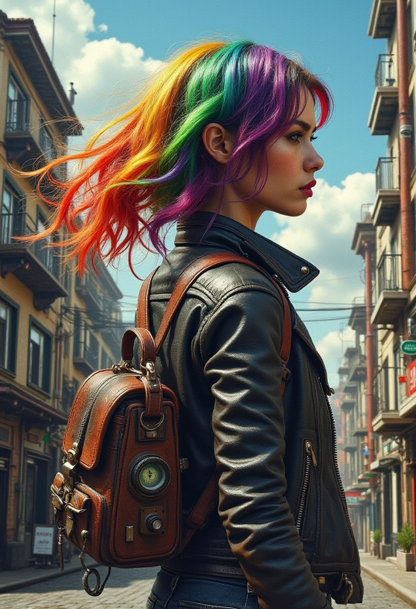 YFG-LBGadgets detailed textures of buildings and natural elements harmoniously integrated,Hyper-realistic digital painting, shiny black leather jacket reflecting light, vibrant rainbow hair with bright colors including red, orange, yellow, green, blue, purple flowing in the wind against a clear blue sky, subtly with intricate textures and vibrant colors. The scene should include a rich variety of elements, each contributing to the overall atmosphere. Lighting should be soft, diffused, and natural, enhancing the depth and realism of the scene. The mood is to be calm yet vibrant, creating a sense of serenity and wonder. Every detail in the scene should be meticulously rendered, emphasizing the contrast between light and shadow, and capturing the fine textures and subtle gradients. The color palette should be carefully chosen to evoke emotion, with each hue enhancing the aesthetic appeal of the overall composition. The final image should be immersive and captivating, drawing the viewer into its intricately detailed world.
