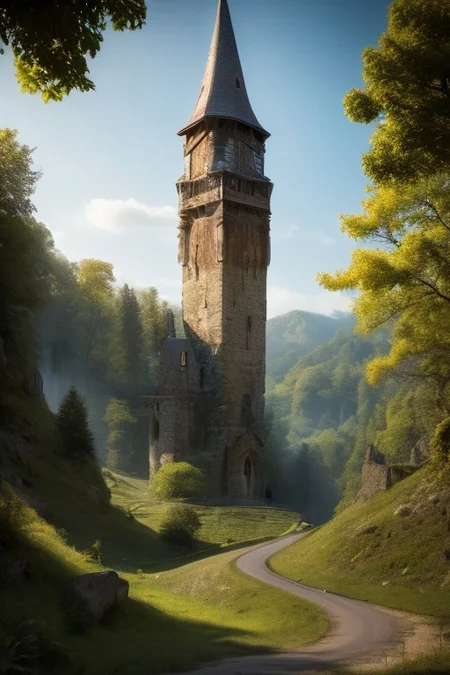 realistic analog photo, award winning photo, stone witow, no humans, scenery, blue sky, road, nature, outdoors, RAW, highres, 8k, uhd, High Dynamic Range, tonemapping, crisp details, portcullis,