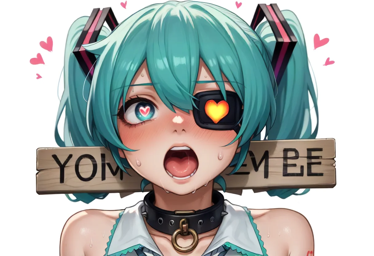 score_9,score_8_up,score_7_up,score_6_up,score_5_up,score_4_up,<lora:Anime_Style_For_Pony:0.5>,source_anime,<lora:mikuv2:1>,hatsune miku,perfect eyes,1girl,aqua hair,contrast collar,eyepatch,hair between eyes,hallucination,heart,heart-shaped pupils,medical eyepatch,ok sign,ok sign over eye,open mouth,ringed eyes,simple background,solo,sparkle,sweat,symbol-shaped pupils,white background,