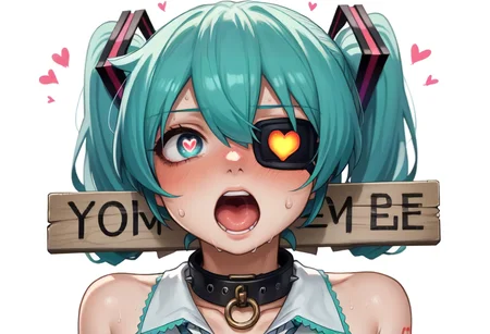 score_9,score_8_up,score_7_up,score_6_up,score_5_up,score_4_up,<lora:Anime_Style_For_Pony:0.5>,source_anime,<lora:mikuv2:1>,hatsune miku,perfect eyes,1girl,aqua hair,contrast collar,eyepatch,hair between eyes,hallucination,heart,heart-shaped pupils,medical eyepatch,ok sign,ok sign over eye,open mouth,ringed eyes,simple background,solo,sparkle,sweat,symbol-shaped pupils,white background,