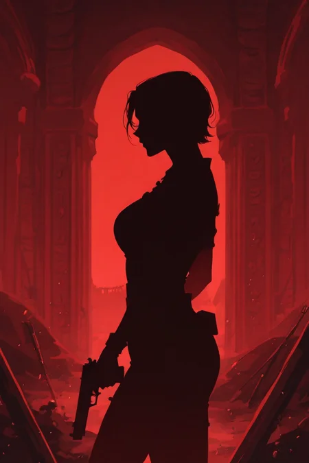 score_9,  masterpiece, best quality, amazing quality, very aesthetic, absurdres, newest, ultra-detailed, sharp focus, depth of field, dynamic composition, side view, cinematic shot, Lara Croft_\(tomb_raider\), 1girl, solo, cowboy shot, shooting a gun,  shooting bullet, action shot, dramatic pose, silhouette, ancient archeological ruins, red theme, red light scatter, suspenseful tension, poster aesthetics, dramatic shadows, c0mix, artist:moriimee
