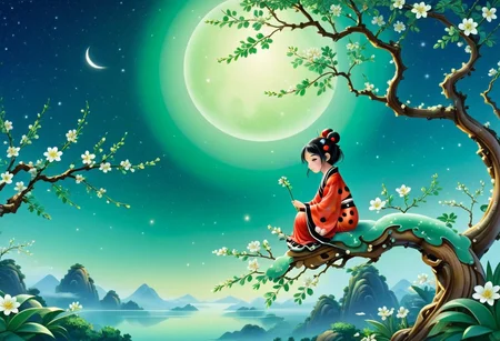 Sinoink, score_9, score_8_up, score_7_up, score_6_up, 1girl, chibi, anthro ladybug, sitting on flowery tree branch , made out ofjade, , fresh, refreshing iridiscent, night sky, magical orchard , bokeh,