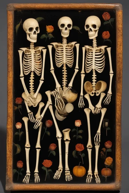 <lora:Folk Art:1>Folk Art - Folk art depicting skeletons engaged in everyday activities