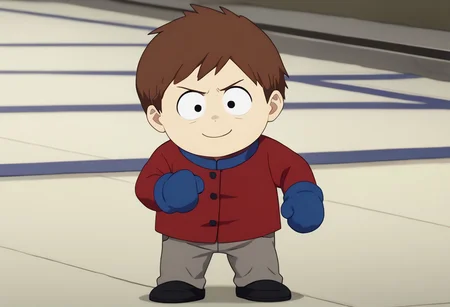score_9, score_8_up, score_7_up BREAK ClydeSP, 1boy, short brown hair, black eyes, long-sleeved buttoned red shirt, blue collar, gray pants, black shoes, blue mittens, screenshot, official art, parody, anime footage, official design, screencap, anime screenshot, official screenshot, 2d, anime, source_anime, full body, solo, solo focus, smiling, relaxed,