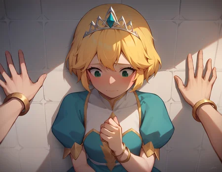 score_9, score_8_up, score_7_up, duo, 1girl, solo focus, short hair, yellow hair, green eyes, dress, tiara, bracelet, princess, castle, looking down, pov hands, kabedon, <lora:KabedompovPonyXL:1>, blush, embarrassed, wall \(structure\)