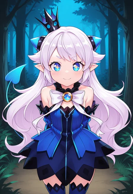 (masterpiece, best quality, highres, very aesthetic, very awa), 1 girl, Lubase, ElsLuBase, white hair, long hair, blue eyes, lu eyes, + +, pointy ears, lubase thighhighs, detached sleeves, lubase sleeves, lubase tail, LuBase dress, mini crown, LuBase bow, close up, looking at viewer, dark, forest, looking at viewer, smile